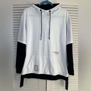 GurunVani WHITE / BLACK Layered Patchwork Contrast Hoodie Sweatshirt Men's L